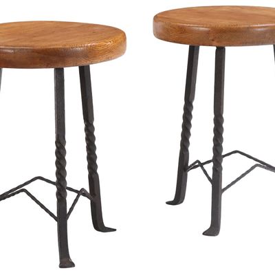 PAIR OF FRENCH OAK AND IRON STOOLS C 1960