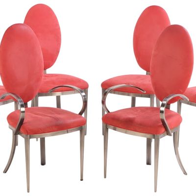 SIX DESIGN INSTITUTE OF AMERICA ALUMINUM AND UPHOLSTERED DINING CHAIRS WITH OVAL BACKS.