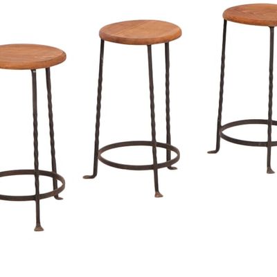 FIVE MATCHING FRENCH WOOD AND TWISTED  IRON STOOLS C 1960.