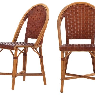PAIR RATTAN AND WOVEN LEATHER SIDE CHAIRS C 1950.