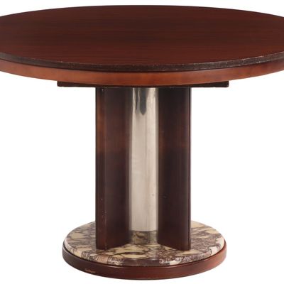 A ROUND ITALIAN DINING TABLE WITH MARBLE AND CHROME BASE C. 1970