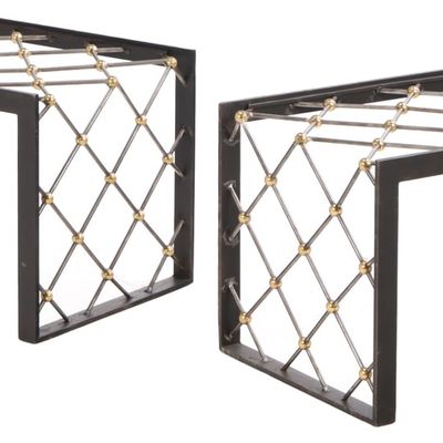 PAIR STEEL AND BRASS GLASS TOP END TABLES IN THE MANNER OF JEAN ROYERE.
