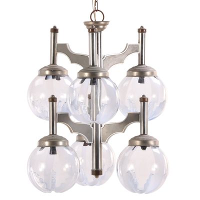 MID CENTURY MODERN ITALIAN CHROME CHANDELIER HAVING SIX ART GLASS GLOBES C 1960