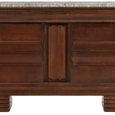 FRENCH OAK AND MARBLE SIDEBOARD C 1940 IN THE MANNER OF CHARLES DUDOUYT.