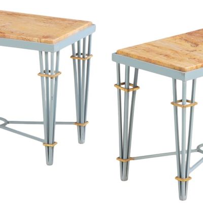PAIR PAINTED IRON AND BRONZE END TABLES HAVING INSET MARBLE TOPS IN THE MANNER OF JEAN ROYERE.