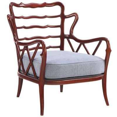 ITALIAN SOLID MAHOGANY OVERSIZED ARM CHAIR WITH LOOSE CUSHION UPHOLSTERY.