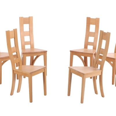 EIGHT MODERN SOLID OAK TALL BACK DINING CHAIRS