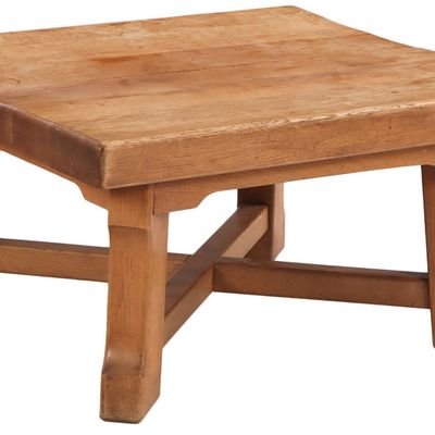 BRUTALIST STYLE BELGIAN OAK SLAB TOP COFFEE TABLE WITH STRETCHER BASE C 1960.