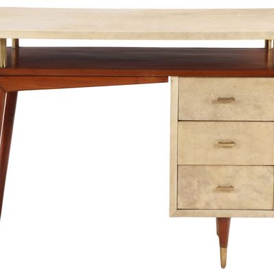 WOOD AND PARCHMENT COVERED WRITING DESK IN THE MANNER OF GIO PONTI C 1950.