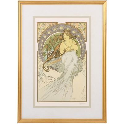 LITHOGRAPH AFTER ALPHONSE MUCHA'S 1898 "LA MUSIQUE" PENCIL SIGNED BY THE PRINTER, EDITION