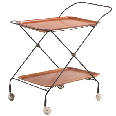 WALNUT AND IRON BAR CART WITH TWO REMOVABLE TRAYS C 1950.