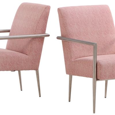 MODERN ALUMINUM OPEN ARM CHAIRS HAVING SPOTTED FABRIC.