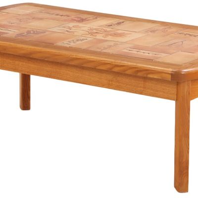 FRENCH ELM AND TILE COFFEE TABLE C 1970 ATTRIBUTED TO ROGER CAPRON.