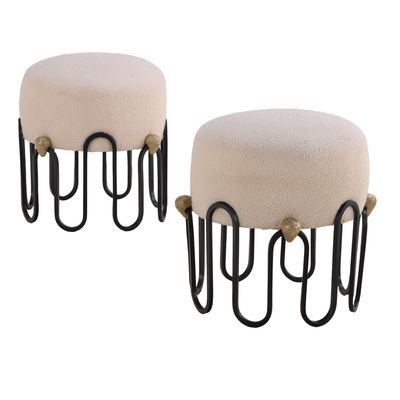 PAIR OF PAINTED IRON UPHOLSTERED STOOLS IN THE MANNER OF JEAN ROYERE HAVING CAST BRASS STRAWBERRY
