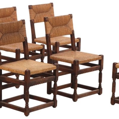 SIX OAK AND RUSH DINING CHAIRS C 1940.