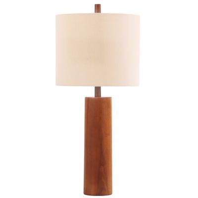 A LARGE DANISH TEAK TABLE LAMP OF CYLINDER FORM WITH DRUM SHADE.