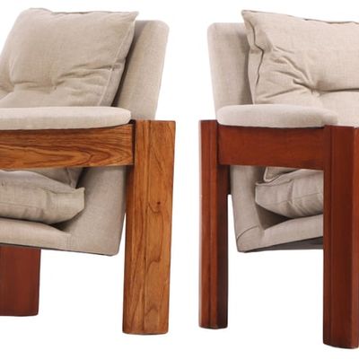PAIR OF MAHOGANY ARM CHAIRS WITH LOOSE CUSHION UPHOLSTERY AND NEW FABRIC C 1965.
