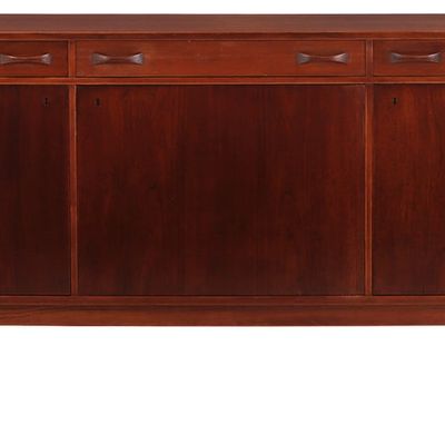 TEAK SIDEBOARD C 1950 HAVING THREE DRAWERS OVER THREE DOORS.