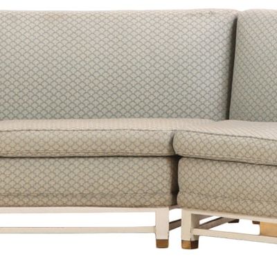 TWO PIECE SOUTH AMERICAN PAINTED WOOD AND BRASS SOFA DESIGNED BY AN UNKNOWN ARCHITECT C 1960.