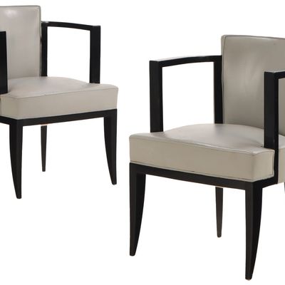 PAIR FRENCH EBONIZED AND LEATHER UPHOLSTERED ARM CHAIRS C 1940