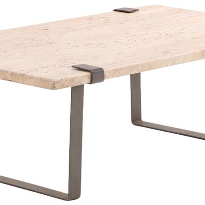 AN IRON AND TRAVERTINE COFFEE TABLE C 1980.