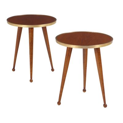 PAIR OF ROUND DRINKS TABLES HAVING OAK TOPS BOUND IN BRASS RESTING ON BALL FORM FEET.