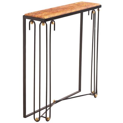 PAINTED IRON AND BRONZE CONSOLE TABLE HAVING AN INSET MARBLE TOP. IN THE MANNER OF ROYERE