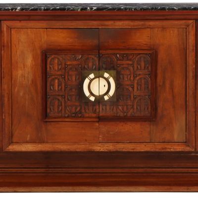 RARE AND UNUSUAL FRENCH CARVED MAHOGANY MARBLE TOP SIDEBOARD HAVING BONE HANDLES AND UNUSUAL