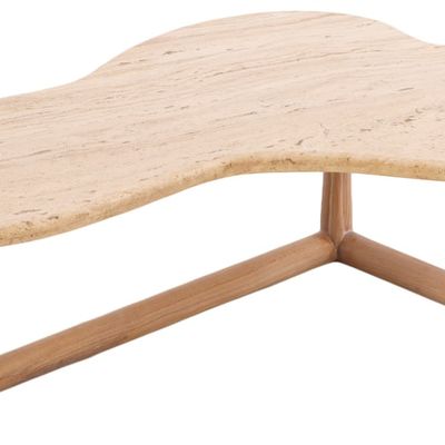 BIOMORPHIC TRAVERTINE TOP AND WOOD COFFEE TABLE IN THE MANNER OF ROBSJOHN-GIBBINGS.