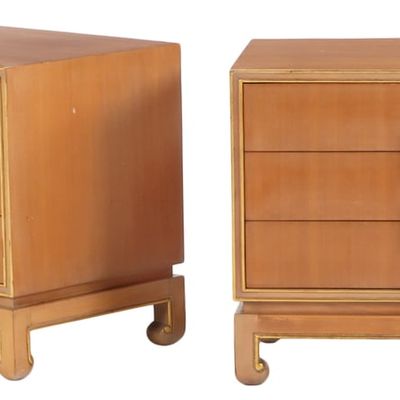 PAIR MAHOGANY AND BRASS THREE DRAWER NIGHT STANDS IN THE MANNER OF JAMES MONT C 1950