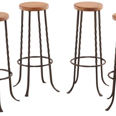 FOUR FRENCH OAK AND TWISTED IRON BAR STOOLS C 1960
