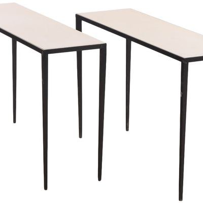 PAIR OF IRON AND PARCHMENT CONSOLE TABLES IN THE MANNER OF JEAN-MICHEL FRANK.