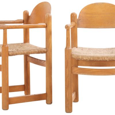 PAIR OF OAK AND RUSH ARM CHAIRS C 1960.