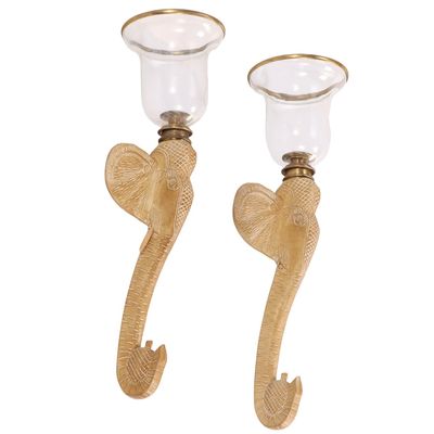 PAIR OF LABELED CHAPMAN ELEPHANT FORM SCONCES, CAST RESIN WITH GLASS GLOBES C. 1990