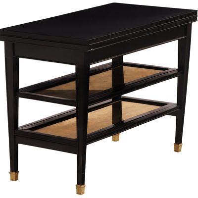 EBONIZED MAHOGANY FLIP TOP SERVER ATTRIBUTED TO JANSEN C 1940  HAVING TWO PULL OUT GOLD GILT GLASS