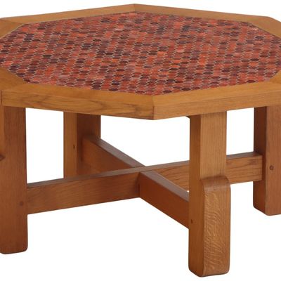 EIGHT SIDED BELGIAN OAK AND CERAMIC TILE BRUTALIST STYLE COFFEE TABLE C 1960.