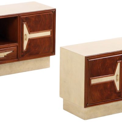 PAIR OF BURL WALNUT AND PARCHMENT COVERED NIGHT STANDS C 1955.