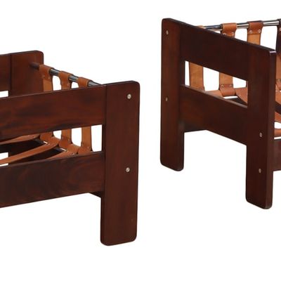 PAIR OF MAHOGANY AND LEATHER LOUNGE CHAIRS WITH CHROMED BACK RESTS IN THE MANNER OF TOBIA SCARPA C