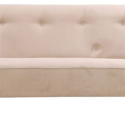AN UPHOLSTERED SOFA C 1950 WITH BUTTON BACK DESIGN AND NEW FABRIC.