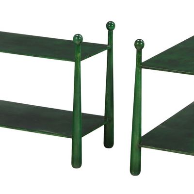 PAIR OF RECTANGULAR OLIVE WOOD  END TABLES HAVING A GREEN TINT AND BAT FORM LEGS IN THE MANNER OF