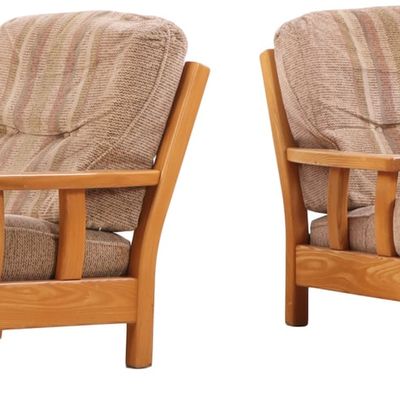 PAIR OF FRENCH ELM ARM CHAIRS WITH LOOSE CUSHION UPHOLSTERY C 1960.