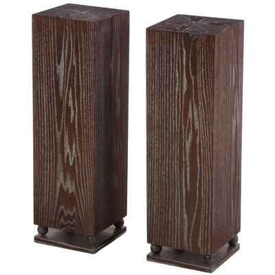 A PAIR OF CERUSED OAK PEDESTALS RESTING ON FOUR SPHERES.