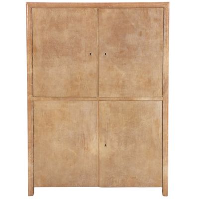 FOUR DOOR PARCHMENT COVERED CABINET HAVING INTERIOR DRAWERS AND SHELVES C 1955.