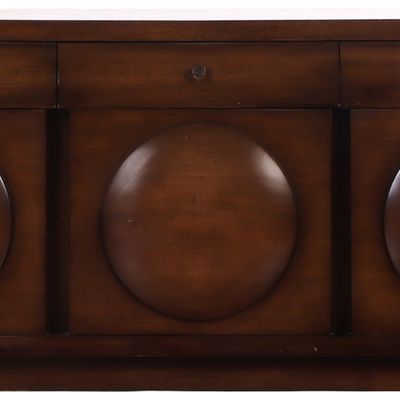 UNUSUAL ART DECO STYLE MAHOGANY THREE DOOR SIDEBOARD C 1950.