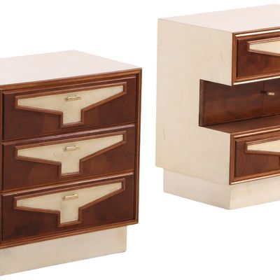 PAIR OF BURL WALNUT AND PARCHMENT COVERED NIGHT STANDS C 1955.