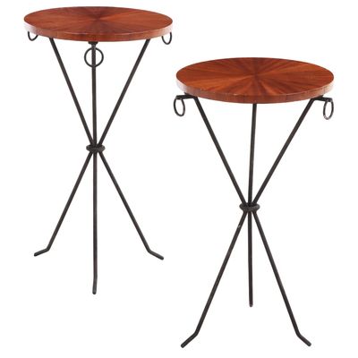 PAIR OF PAINTED IRON DRINKS TABLES HAVING RADIAL VENEERED MAHOGANY TOPS AND RING DECORATION.