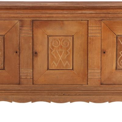 INTERESTING FRENCH OAK THREE DOOR SIDEBOARD HAVING UNUSUAL INCISED CARVINGS C 1940.