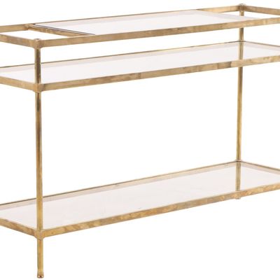 BRASS AND GLASS BAR TABLE WITH BOTTLE HOLDERS AND THREE TIERS OF GLASS C 1970.