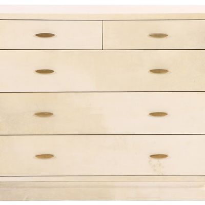 ART DECO STYLE PARCHMENT COVERED DRESSER HAVING TWO OVER THREE DRAWER CONFIGURATION C 1940 IN THE