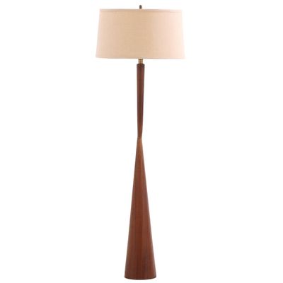 A TALL AND ELEGANT LAWSON-FENNING EL MONTE WALNUT FLOOR LAMP HAVING A BRASS KNUCKLE AND LINEN DRUM